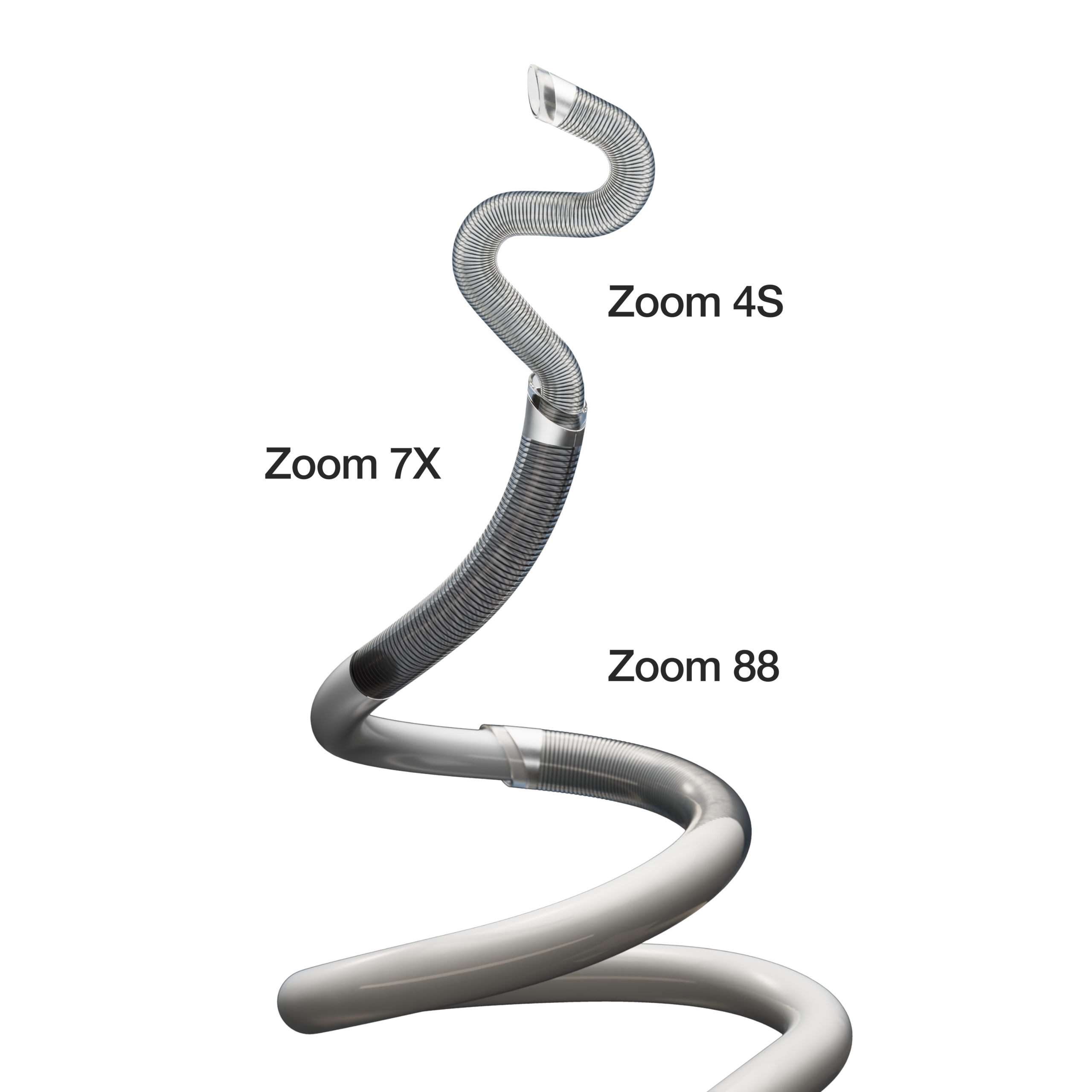 The Zoom Stack: the Zoom 4S, Zoom 7X and Zoom 88 catheters, labelled